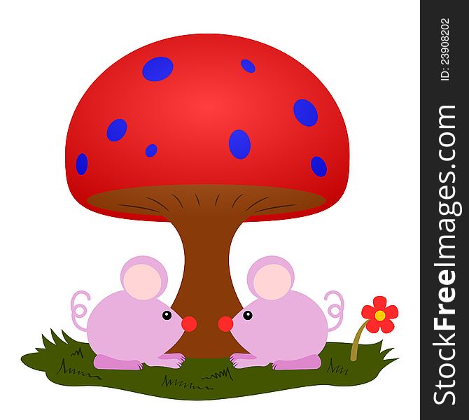 Two cute cartoon mouse under a mushroom. Two cute cartoon mouse under a mushroom