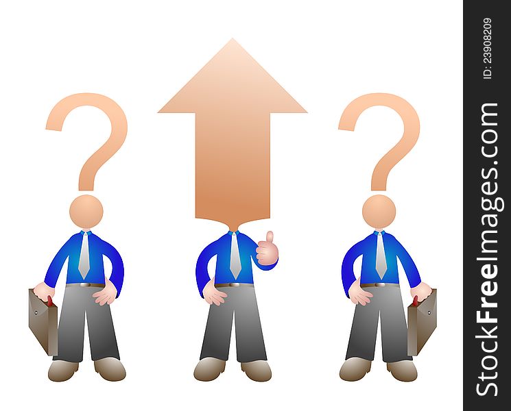 Illustration of three business man with heads of question marks and arrow. Illustration of three business man with heads of question marks and arrow