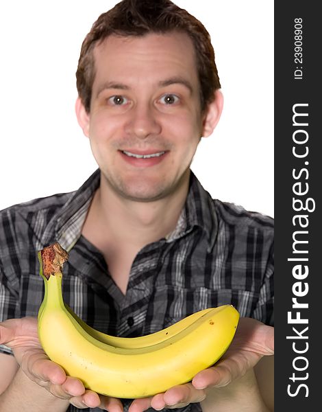 Picture of a man giving a banana to someone
