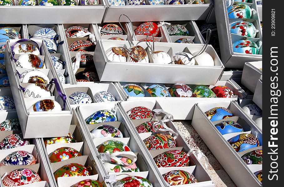 Traditional Easter eggs, hand-painted with various motifs. Traditional Easter eggs, hand-painted with various motifs