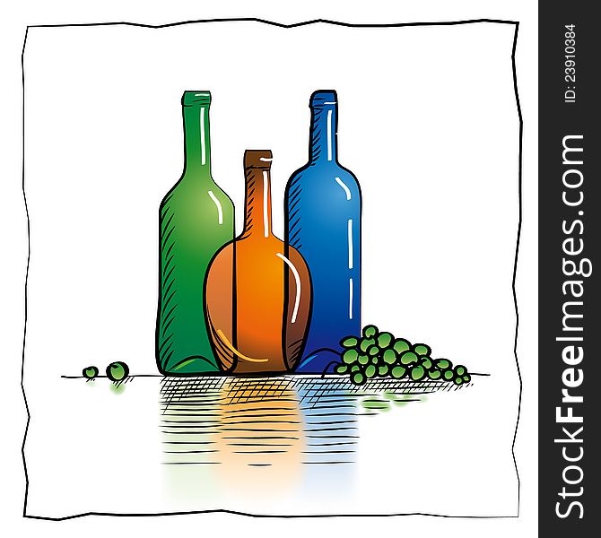 A hand-drawn sketch of three multicolored bottles and green grapes next to it. A hand-drawn sketch of three multicolored bottles and green grapes next to it