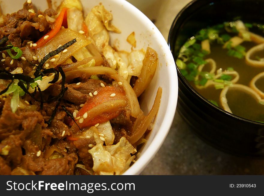 Tasty Japanese Beef rice bowl with soup. Tasty Japanese Beef rice bowl with soup