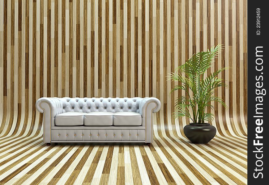 White classic leather sofa on curved parquet. White classic leather sofa on curved parquet.