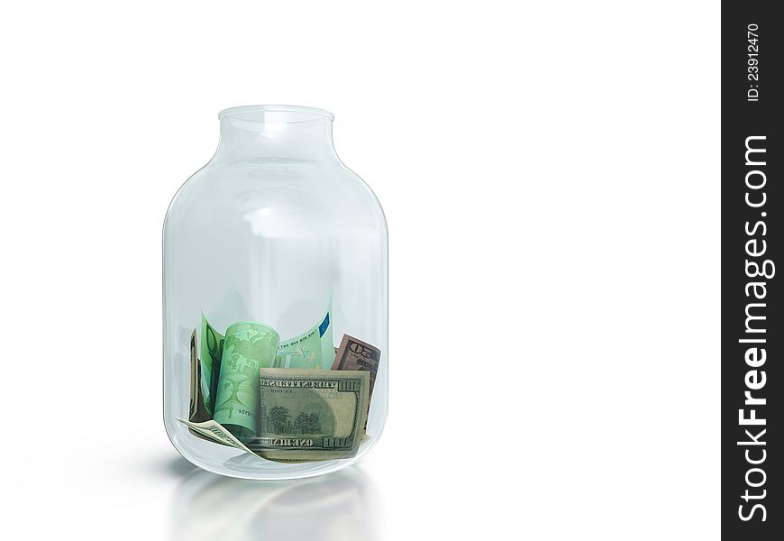 Glass jar filled with money on white background. Glass jar filled with money on white background.