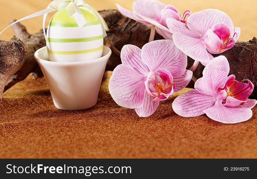 Colorful eggs and pink orchid for easter decoration. Colorful eggs and pink orchid for easter decoration