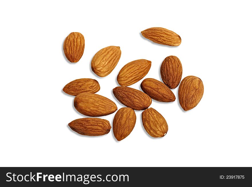 Closeup view of raw almond nuts, isolated on white. Closeup view of raw almond nuts, isolated on white.