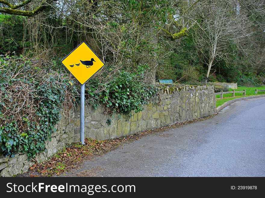 Yellow caution duck crossing sign in Ireland