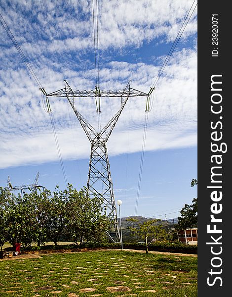 High voltage electric power transmission tower with cables. High voltage electric power transmission tower with cables