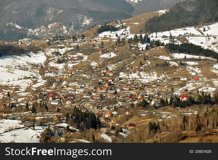 Village view through high mountain on Rucar-Bran pass in middle Romania. Village view through high mountain on Rucar-Bran pass in middle Romania