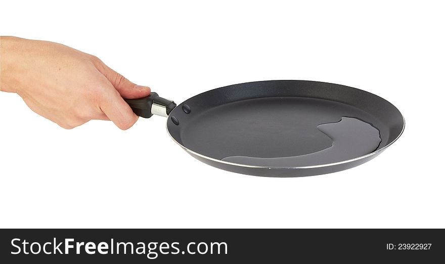 Black pan with handle on white background. Black pan with handle on white background