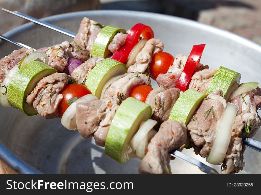 Meat shish kebabs and vegetables. Meat shish kebabs and vegetables