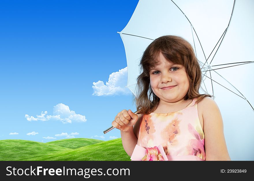 Young baby girl with umbrella, green fresh spring meadow on background. One of collection. Young baby girl with umbrella, green fresh spring meadow on background. One of collection.