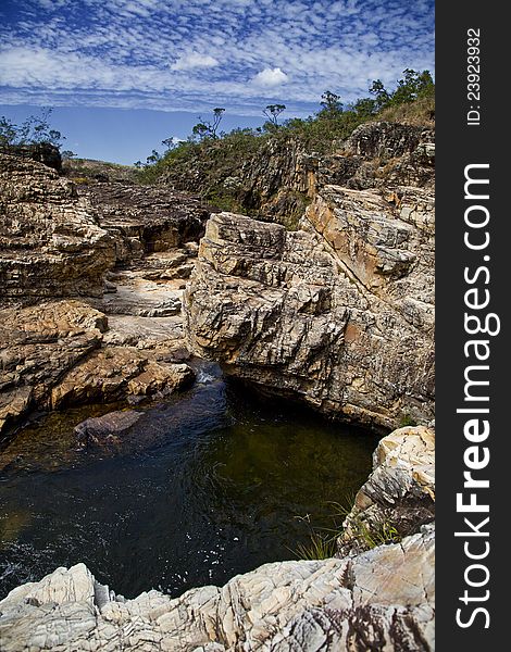 Small lake under rocks and blue sky