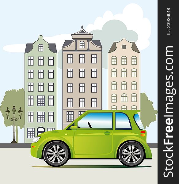 Ecological friendly green car parked on the street, vector illustration included Eps v8 and 300 dpi JPG. Ecological friendly green car parked on the street, vector illustration included Eps v8 and 300 dpi JPG