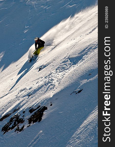 Lady freerider in Caucasus mountains. Lady freerider in Caucasus mountains