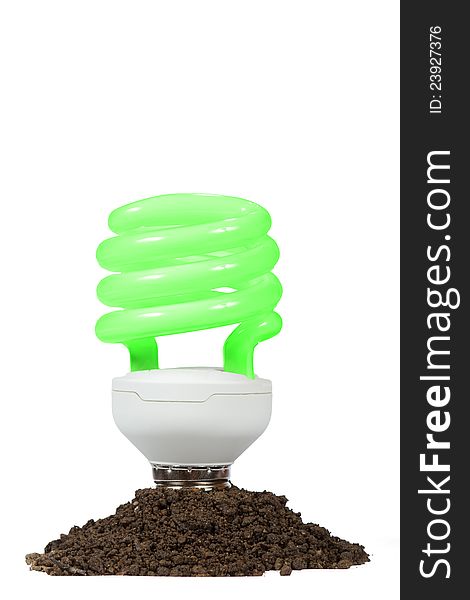 Conceptual Energy saving lamp with green spiral on the white background