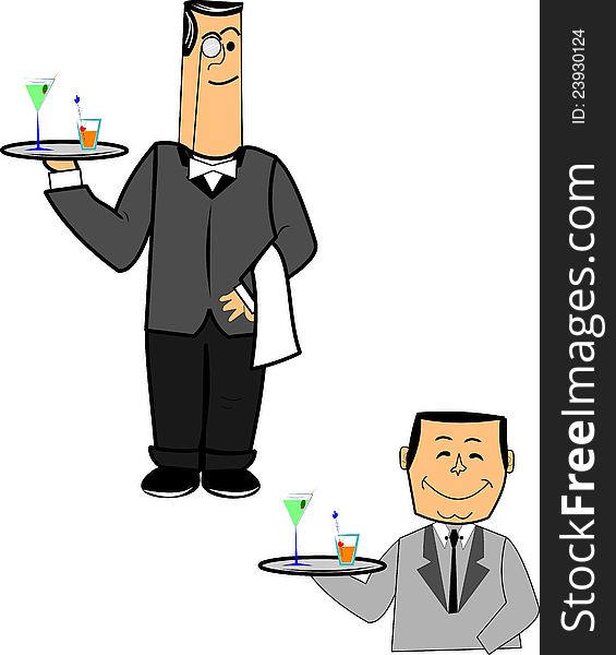 Two classy waiters over white vector holding a tray of drinks