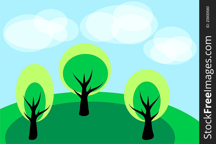 Simple style landscape with three trees and clouds. Simple style landscape with three trees and clouds