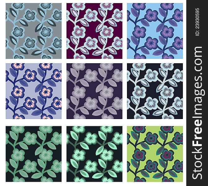 Pack of 9 variants seamless floral stems patterns. Pack of 9 variants seamless floral stems patterns