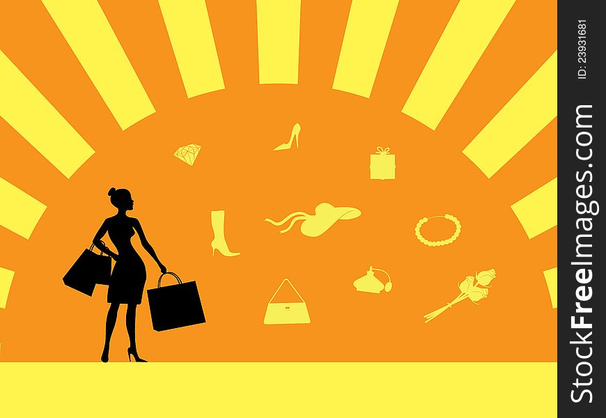 Silhouette of girl in shopping with goods around her.