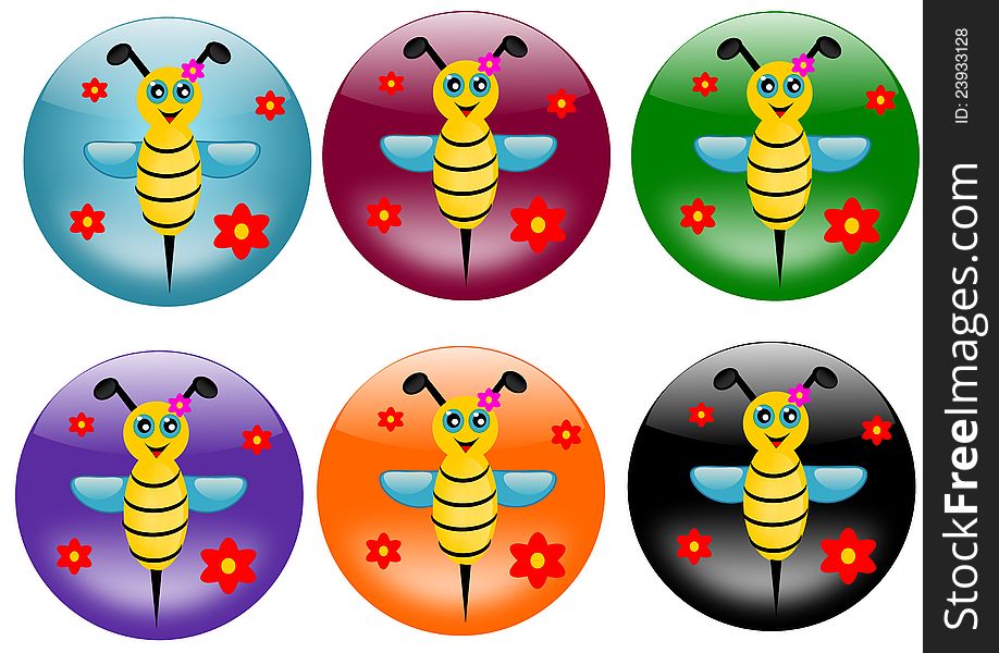 Six buttons in different colors with bee. Six buttons in different colors with bee