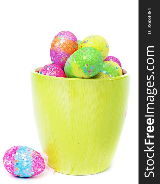 Easter eggs in a green container
