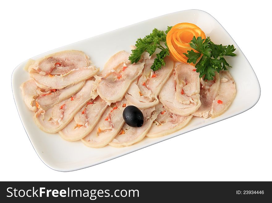 Slices of meatloaf on white rectangular plate isolated on a white background. Slices of meatloaf on white rectangular plate isolated on a white background