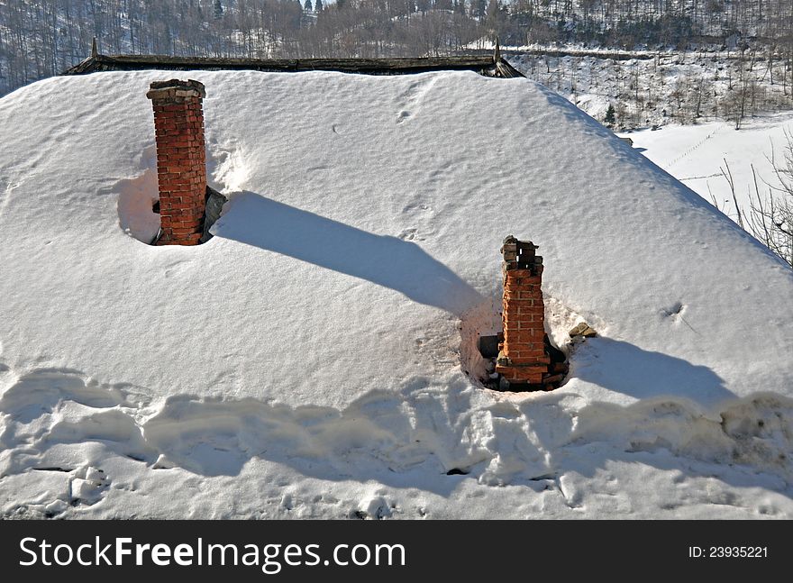 House forest snow and chimney. House forest snow and chimney