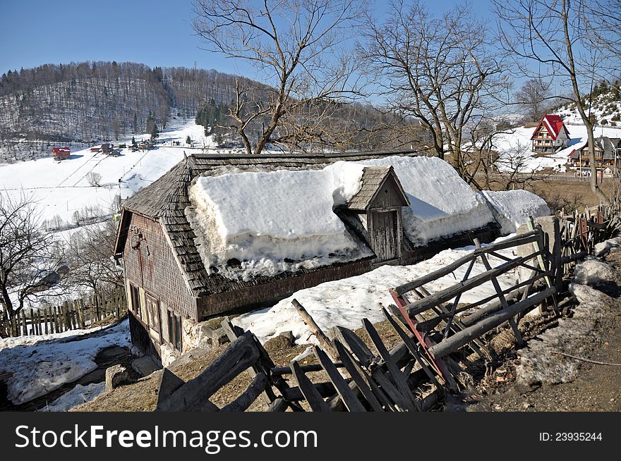 Wooden roof snow