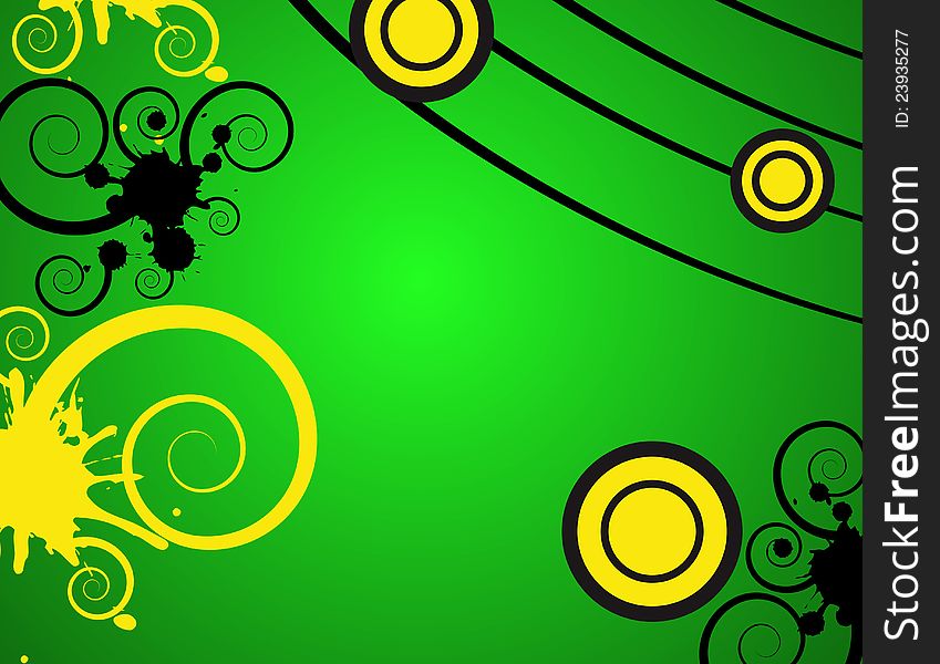 Greedn abstract bacground with yellow spirals an black lines.