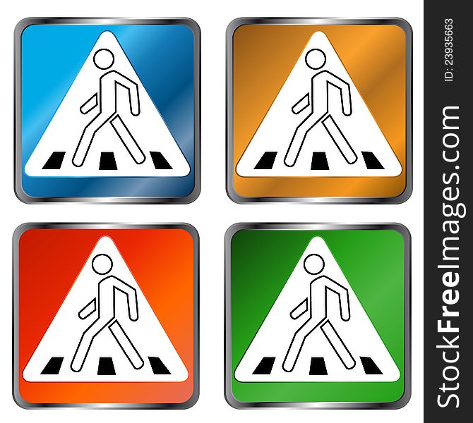 Four signs on a pedestrian crossing on a white background. Four signs on a pedestrian crossing on a white background