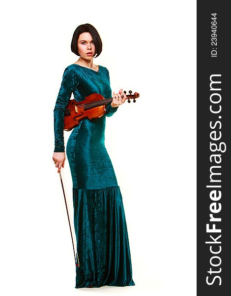 Girl with violin on white