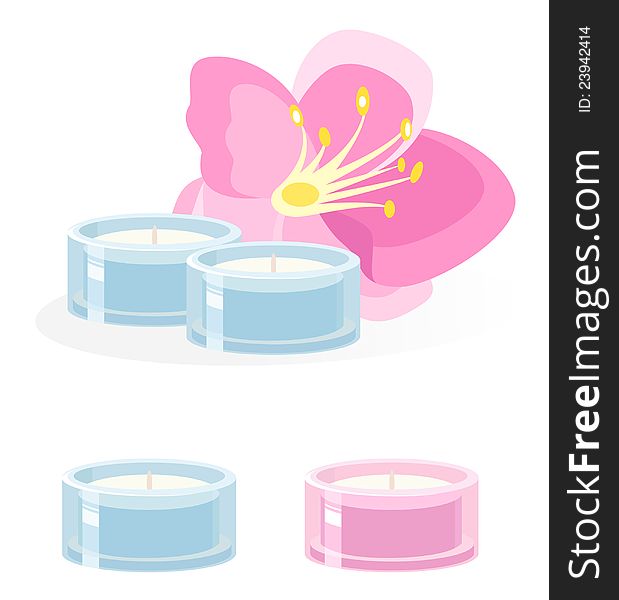 Vector illustration of spa aroma candles isolated on white and with orchid flower. Vector illustration of spa aroma candles isolated on white and with orchid flower