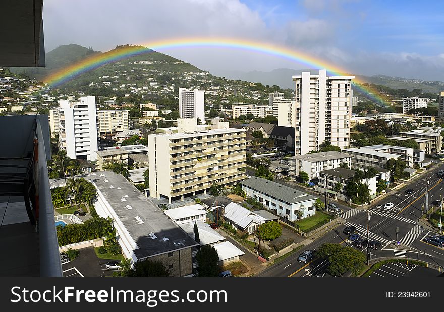 Rainbow over the Makiki neighborhood in Honolulu, Hawaii, on the island of O'ahu. Rainbow over the Makiki neighborhood in Honolulu, Hawaii, on the island of O'ahu