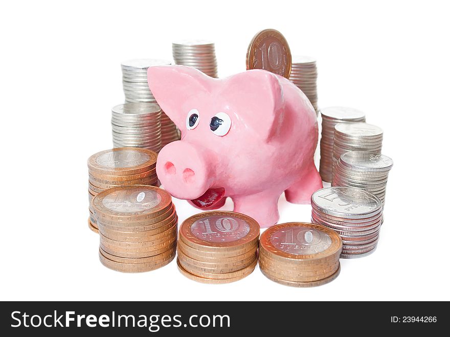 Plasticine piggy bank on white background