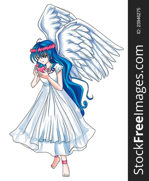 Cartoon illustration of a beautiful angel holding a heart symbol. Cartoon illustration of a beautiful angel holding a heart symbol