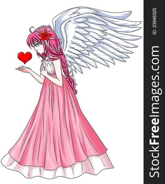 Cartoon illustration of a beautiful angel holding a heart symbol. Cartoon illustration of a beautiful angel holding a heart symbol