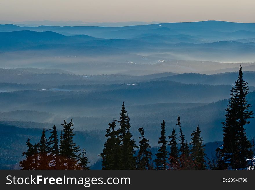 Silhouette of the trees on the mountain background