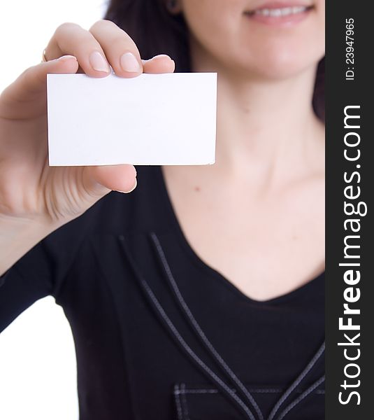 Girl in a business card - over a white background