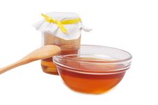 Honey Jar With Plate And Wooden Spoon Stock Photos Honey Jar With Plate And Wooden Spoon Stock Photos