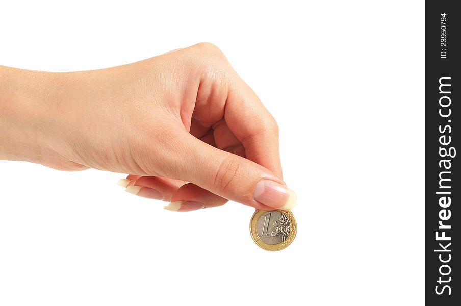 Hand with euro coin isolated over white background. Hand with euro coin isolated over white background.