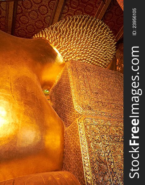 Head of big Reclining golden Buddha statue (Phra Buddhasaiyas) backside, Wat Pho, Bangkok, Thailand