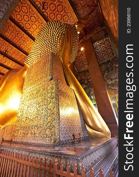 Head of big Reclining golden Buddha statue (Phra Buddhasaiyas) backside, Wat Pho, Bangkok, Thailand