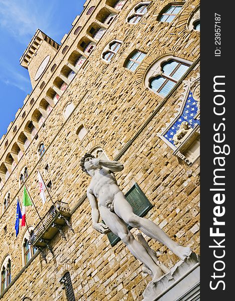 Palazzo Vecchio in Piazza della Signoria, Florence (Tuscany, Italy), is the seat of the municipality of the city. It represents the epitome of the civil town in fourteenth-century and is one of the most famous civic buildings in Italy. Opposite the palace is the copy of Michelangelo's David. Palazzo Vecchio in Piazza della Signoria, Florence (Tuscany, Italy), is the seat of the municipality of the city. It represents the epitome of the civil town in fourteenth-century and is one of the most famous civic buildings in Italy. Opposite the palace is the copy of Michelangelo's David