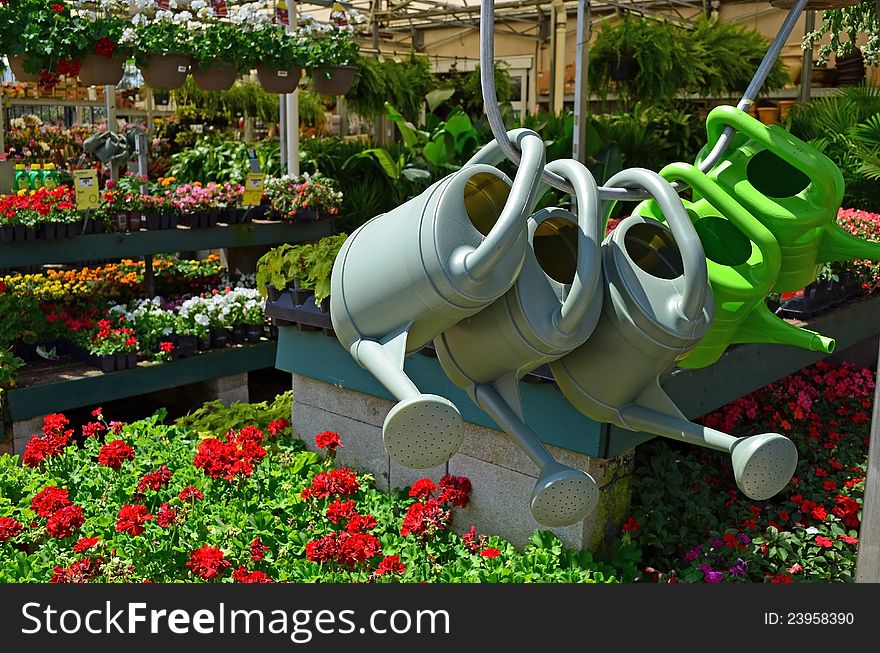 Garden watering cans against a backdrop od annual and perennials plants in  the gardening section of a home imnprovement
center. Garden watering cans against a backdrop od annual and perennials plants in  the gardening section of a home imnprovement
center