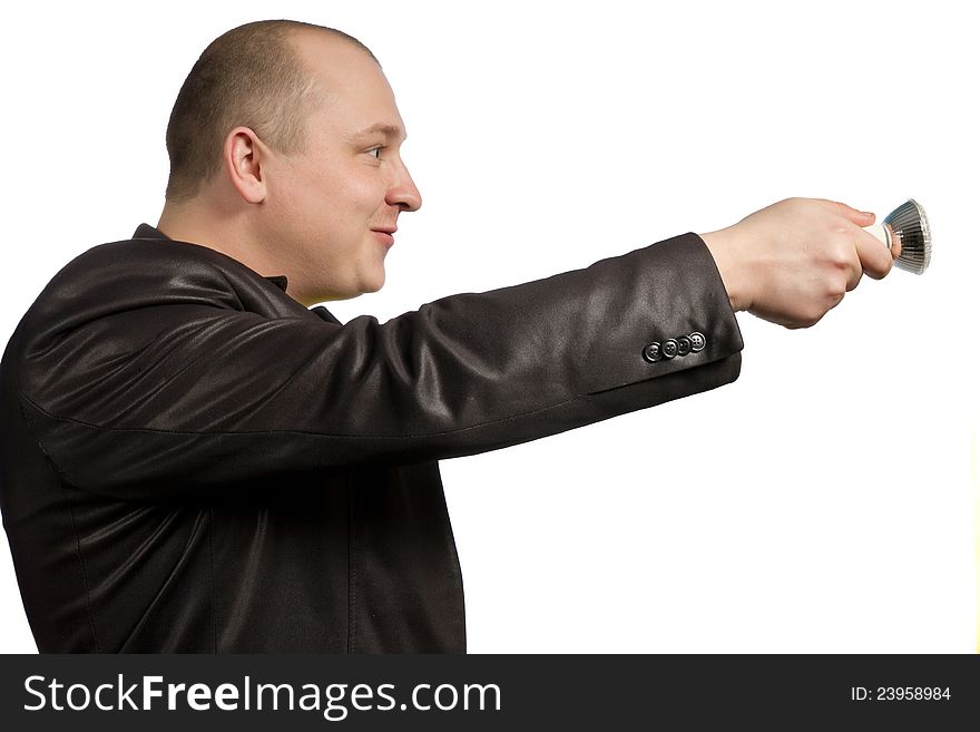 The man holds a light-emitting diode lamp in the stretched hand. It is isolated on a white background. The man holds a light-emitting diode lamp in the stretched hand. It is isolated on a white background