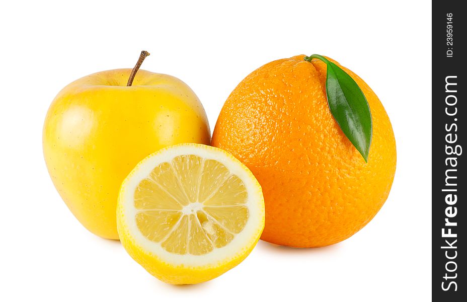 Orange, apple and half a lemon isolated on white background