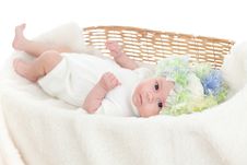 Newborn Baby Weared A Cap In A Wicker Basket Stock Photo