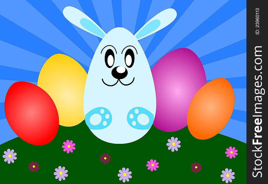 Easter or spring background with bunny, eggs, and many flowers. Easter or spring background with bunny, eggs, and many flowers.