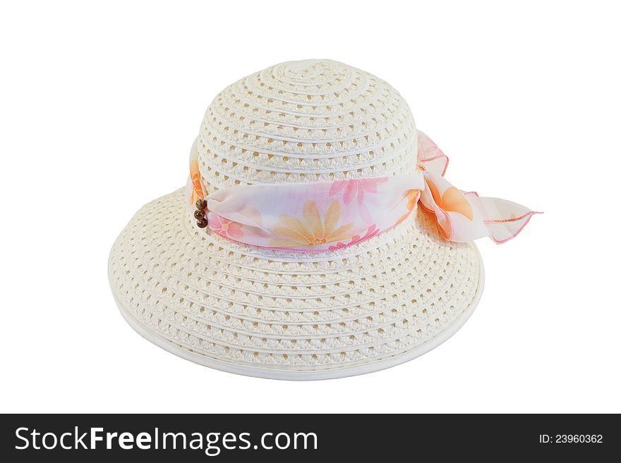 Women's Straw hat with bow on white background. Women's Straw hat with bow on white background